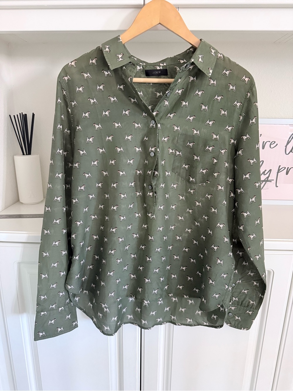 J. Crew Olive Green Dog-Print Women's Blouse